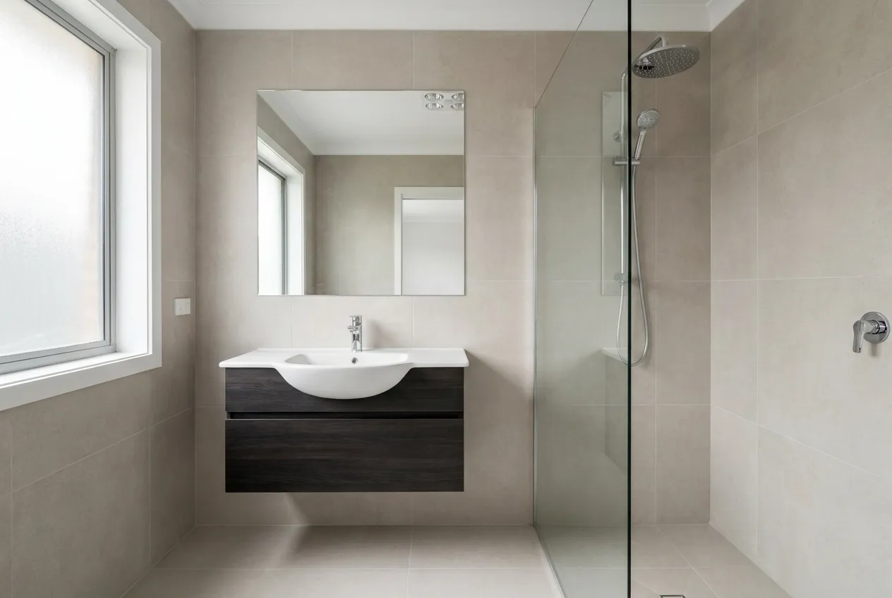 Sanitaires et robinetterie posés dans une salle de bain rénovée